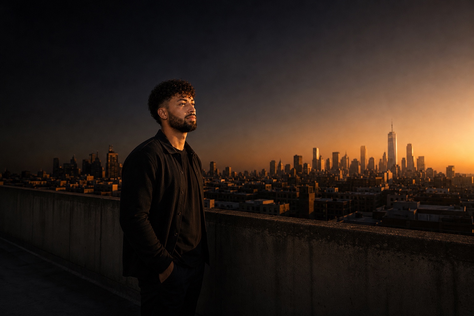 Gian Gomez on a Manhattan rooftop at golden hour, downtown skyline behind him, warm rim light catching the side of his face.